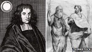 Philosopher Baruch Spinoza (left) and Plato Aristocles with the philosopher and scientist Aristotle (right)