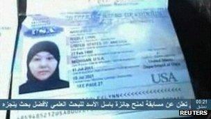 A still image from video on Syrian TV showing a U.S. passport apparently belonging to Nicole Mansfield