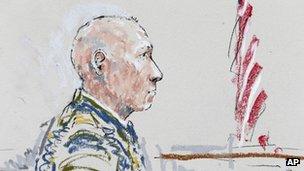 In this detail from a courtroom sketch, US Army Staff Sgt. Robert Bales appears 5 June 2013