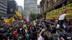 Demonstrators protest in downtown Sao Paulo