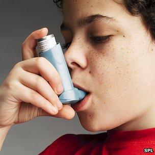 An asthmatic boy using his inhaler