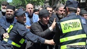 Orthodox priests were at the fore front of the protest over the gay rights march in Tbilisi