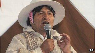 Evo Morales speaks during a meeting with Uru-Chipaya indigenous in Chipaya, Bolivia, Saturday, 6 July