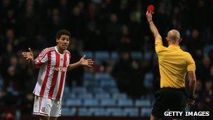 Ryan Shotton of Stoke is sent off by referee Roger East during the Barclays Premier League match between Aston Villa and Stoke City