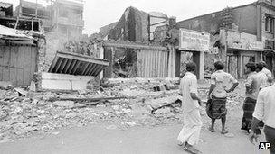 Merchants return to their burned out businesses in the Pettha area of downtown Colombo, Sri Lanka, 1 Aug 1983