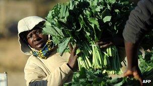 A woman holds bunches of greens at a market in Zimbabwe on 1 August 2013