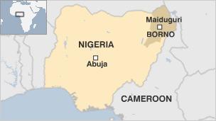 Map showing location of Maiduguri in Borno state, Nigeria