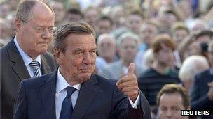 Former German Chancellor Gerhard Schroeder with Peer Steinbrueck at rally in Hanover, 21 Aug 13