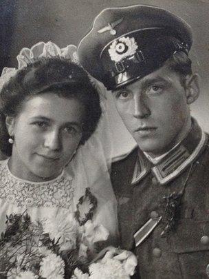 Arno Sonntag in his German soldier's uniform with his late wife Elfrieda, on their wedding day