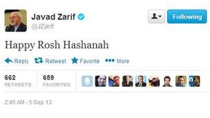 Tweet from Mohammad Javad Zarif wishing Jews a Happy Rosh Hashanah