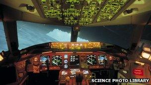 Inside a Boeing 777 aircraft simulator