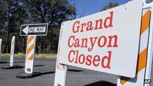 A sign saying "Grand Canyon Closed" as seen on 3 October 2013