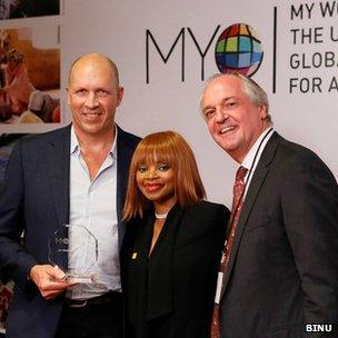 Gour Lentell (L), Zoleka Mandela and Paul Polman, CEO of Unilever