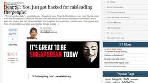 A screen shot showing the hacker's message on Straits Times website
