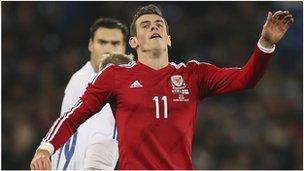Wales' Gareth Bale reacts in frustration