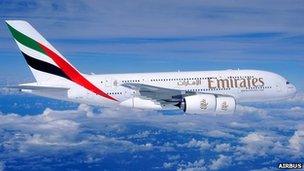 Emirates Airbus A380 in flight