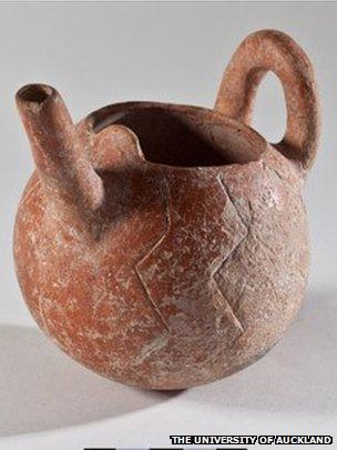 Clay pot with narrow spout and zig-zag design