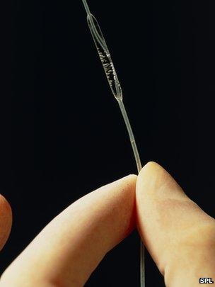 An angioplasty balloon device which is used to widen arteries
