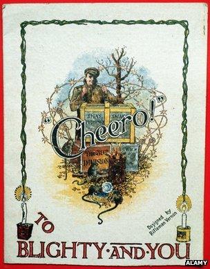 Cheero To Blighty and You Christmas Card during World War I c 1914