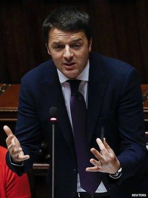 Italian Prime Minister Matteo Renzi speaks during a confidence vote at the lower house of the parliament in Rome on 25 February 2014.