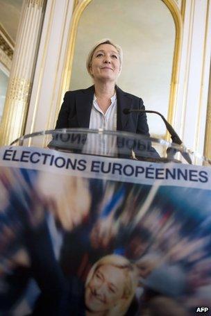 Marine Le Pen speaking to reporters, 22 April