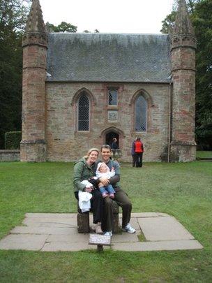 Family portrait in front of Scottish church
