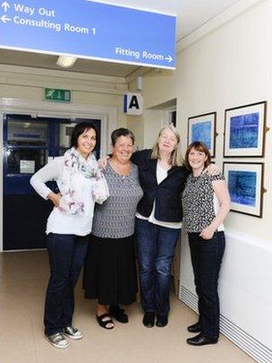 Four women, including Nicola, waiting outside the prosthetics fitting room