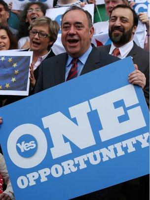 Alex Salmond holding "One opportunity" poster