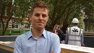 Wikihouse co-founder Alastair Parvin on the roof of the concept house in London's Store Street