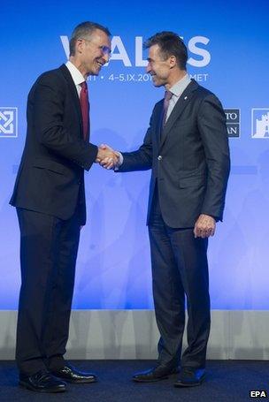 Jens Stoltenberg (left) with Anders Fogh Rasmussen at the Nato summit in Newport, Wales, 5 September 2014