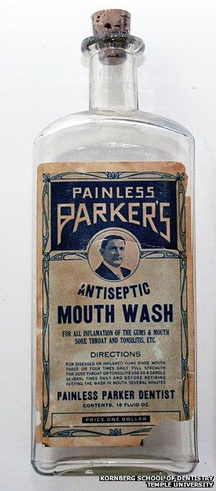 A bottle of Painless Parker branded mouth wash