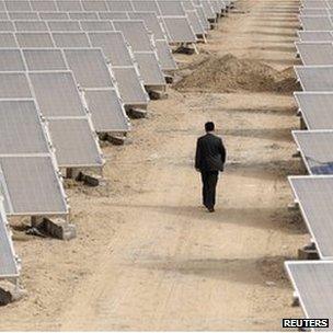 Man walking through a solar power array (Image: Reuters)