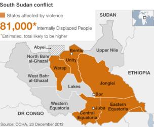 Map of South Sudan highlight five of the central states affected by violence