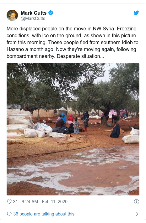 Ujumbe wa Twitter wa @MarkCutts: More displaced people on the move in NW Syria. Freezing conditions, with ice on the ground, as shown in this picture from this morning. These people fled from southern Idleb to Hazano a month ago. Now they’re moving again, following bombardment nearby. Desperate situation... 