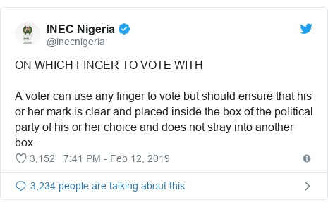 Twitter wallafa daga @inecnigeria: ON WHICH FINGER TO VOTE WITHA voter can use any finger to vote but should ensure that his or her mark is clear and placed inside the box of the political party of his or her choice and does not stray into another box.