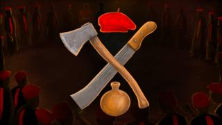 Illustration with axe, machete, beret and calabash insignia of a Nigerian cult