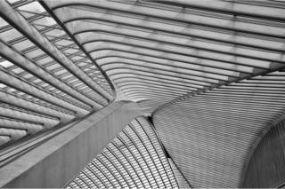 A black and white photo of a train station ceiling made out of metal and glass