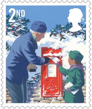 Christmas scene stamp featuring an elderly man and a young girl posting cards into a post box in the snow