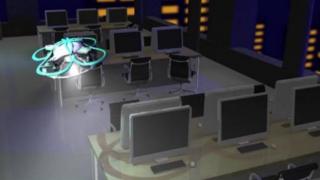 Computer generated image of the T-Frend drone flying across office work spaces