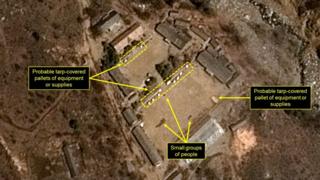 Gambar yang disebarkan yang diambil oleh pusat angkasa luar Prancis pada 13 April 2017 yang memperlihatkan Lokasi Pengujian Nuklir Punggye-ri milik Korea Utara.