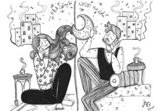 Ilustração de duas pessoas conversando ao telefone