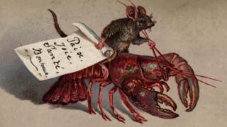 Victorian Christmas card with mouse riding a lobster