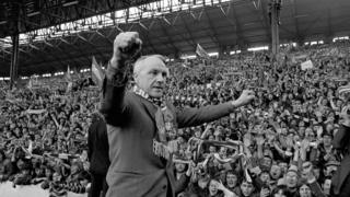 Bill Shankly in front of the Kop after Liverpool became league champions in 1973