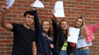 GCSE students Nathan Moffett, Victoria Lloyd, Alison Riley and Zoe Jess from Grosvenor Grammar School, Belfast, celebrating their results