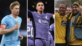 Manchester City's Kevin de Bruyne, Liverpool's Trent Alexander-Arnold and Gavin Hoyte of Maidstone United
