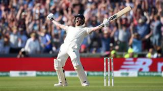 Ben Stokes celebrates his winning runs