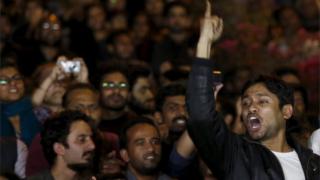 Kanhaiya Kumar, a Jawaharlal Nehru University (JNU) student union leader, shouts slogans before addressing a meet in New Delhi, India, March 3, 2016.