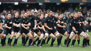 The New Zealand All Blacks perform the Haka during the Rugby Championship match between South Africa and New Zealand at Kingspark Rugby stadium in Durban on 8 October 2016.