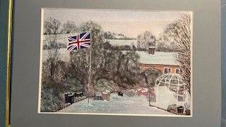 Painting of a garden in the snow with a Union flag flying
