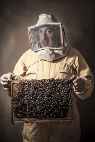 A portrait of a beekeeper holding honeycomb with bees